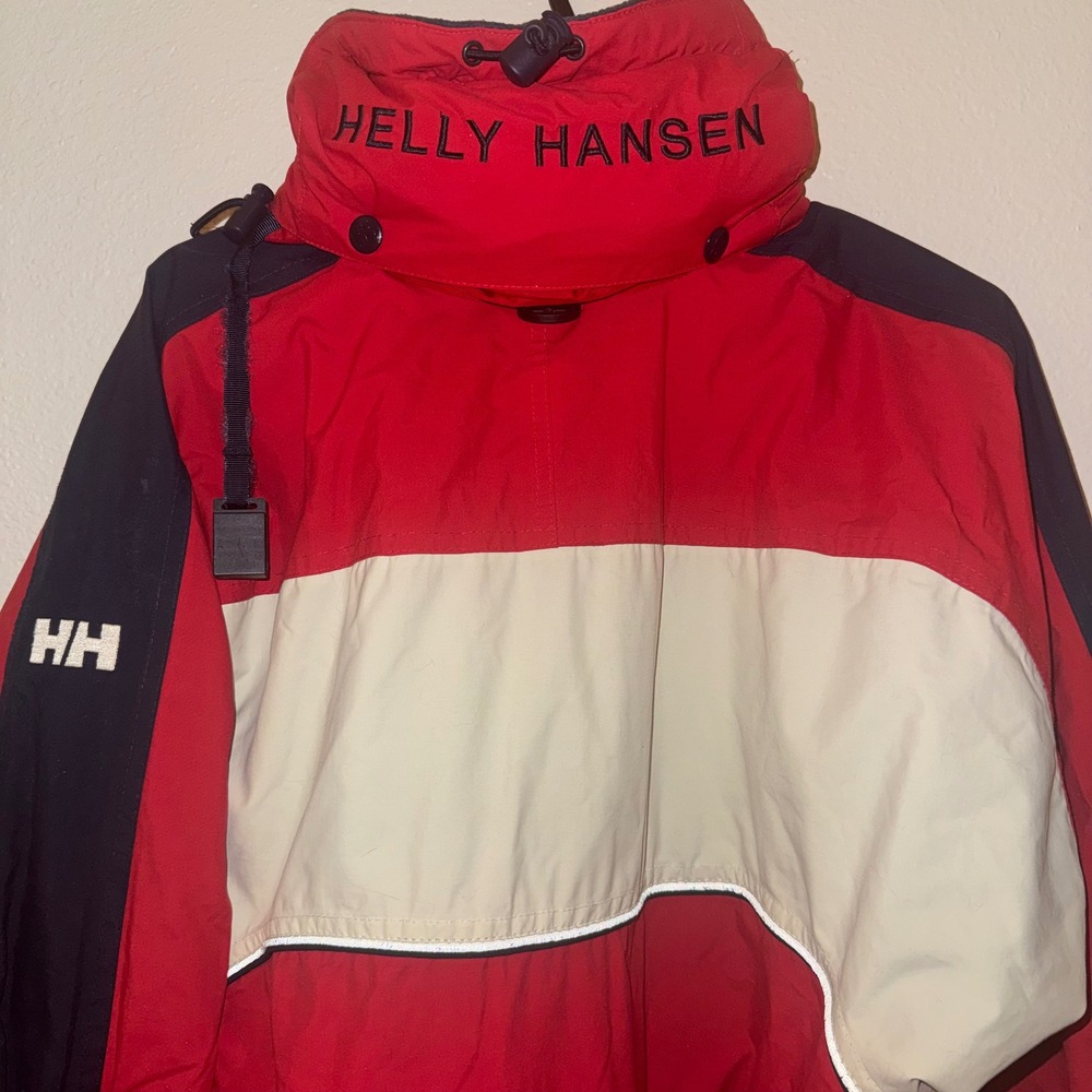 VTG 90s Helly Hansen Tech Sailing Jacket AS IS Red Cream Navy Hooded Womens